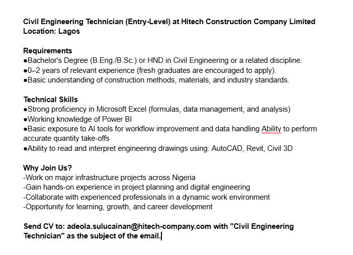 Robinhood0r's tweet photo. HIRING, Civil Engineering Technician🔔
Location: Lagos

Send CV to: adeola.sulucainan@hitech-company.com with "Civil Engineering Technician" as the subject of the email. https://t.co/4r35xuhtMg