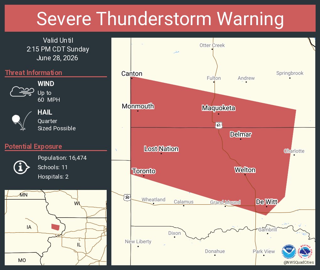 NWSSevereTstorm's tweet photo. Severe Thunderstorm Warning including Maquoketa IA, De Witt IA and  Delmar IA until 2:15 PM CDT https://t.co/MmXSyCdYVi