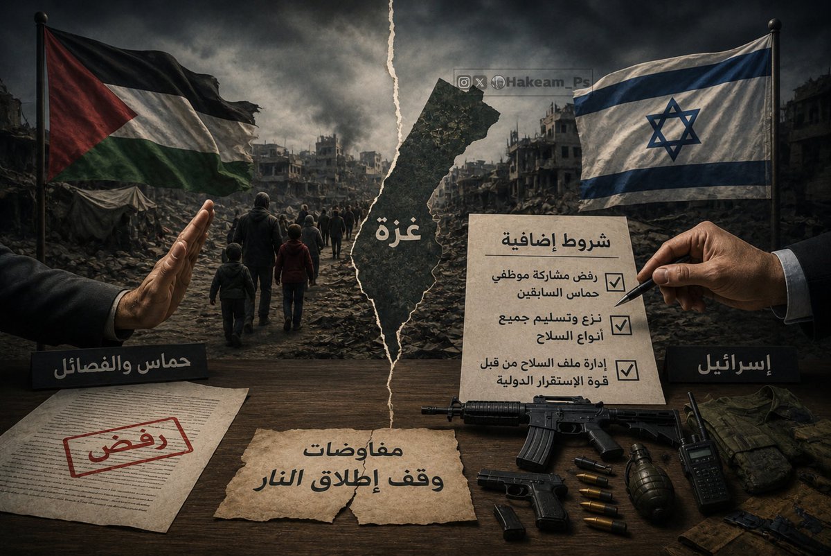 Hakeam_ps's tweet photo. إسرائيل أبلغت الوسطاء برد جديد على الورقة المعدلة، تضمن شروطًا إضافية تتعلق بإدارة غزة وملف السلاح.

- أبرز ما جاء في الرد:

رفض مشاركة أي موظف مدني أو أمني عمل مع حكومة حماس أو تلقى راتبًا منها، ضمن مؤسسات الإدارة المقبلة التي ستديرها اللجنة الوطنية لإدارة غزة.

الإصرار على نزع وتسليم جميع أنواع السلاح، بما يشمل السلاح الثقيل والخفيف والشخصي، إضافة إلى المواد والمعدات وحتى الملابس العسكرية.

نقل ملف السلاح بالكامل إلى (قوة الاستقرار الدولية) ورفض أن يكون تحت إشراف اللجنة الوطنية لإدارة غزة أو أي جهة فلسطينية.

في المقابل - اعتبرت حماس والفصائل أن الرد الإسرائيلي يُعيد المفاوضات إلى نقطة الصفر، مؤكدة رفضها إدراج ملف السلاح ضمن إطار التفاوض.

- بات واضحاً أن جوهر المفاوضات لم يعد يتركز على وقف إطلاق النار بحد ذاته، بل على شكل غزة في اليوم التالي للحرب وهو الأهم منذ بداية المفاوضات السابقة والحالية، ومن سيتولى إدارتها، ومن يملك القرار الأمني والعسكري فيها.

ومن يقرأ هذه البنود يدرك أن الاحتلال لا يتحدث فقط عن ترتيبات أمنية - بل عن إعادة صياغة المشهد السياسي والإداري والأمني بشكل كامل - وربط أي انسحاب أو إعادة إعمار أو ترتيبات مستقبلية بتحقيق هذه الشروط أولًا.

لهذا، فإن الوصول إلى اتفاق لا يبدو قريبًا ابداً في ظل هذا التباعد الكبير.

وحتى هذه اللحظة، يبدو أن المفاوضات تسير بالتوازي مع استمرار فرض الوقائع على الأرض، بينما تبقى غزة تدفع بدماء شعبها ثمن هذا التعقيد السياسي والميداني المتواصل.