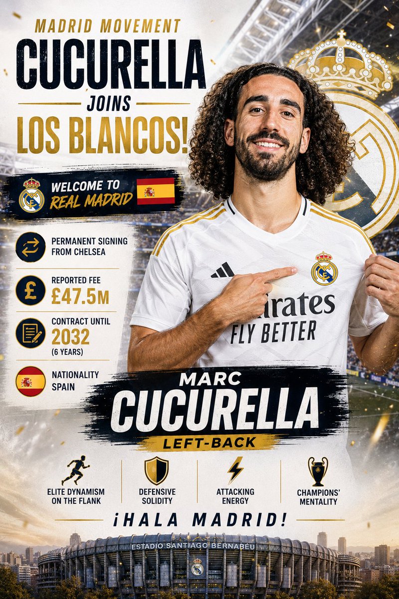 aimshrim's tweet photo. MADRID MOVEMENT:

 CUCURELLA JOINS LOS BLANCOS! ⚪️🇪🇸

​In a swift market play, Real Madrid has completed the permanent signing of left-back Marc Cucurella from Chelsea for a reported £47.5M! The Spanish international adds elite dynamism to the Champions' flank. 🏃‍♂️⚡️

#RealMadrid #HalaMadrid #Cucurella