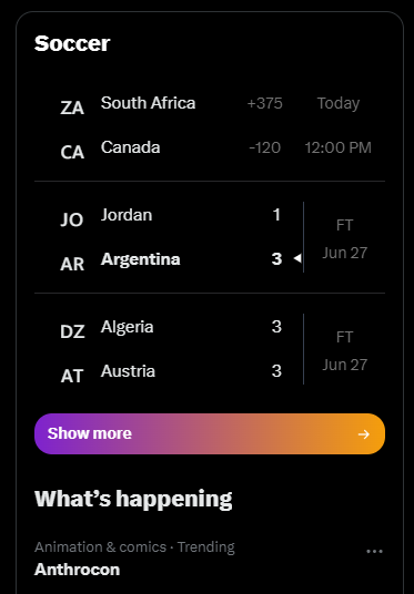 EvereeCat's tweet photo. I fw today's World Cup 'Show more' gradient 💜🩷🧡💛
Also Anthrocon trending mwehe- https://t.co/bCssopgYTF