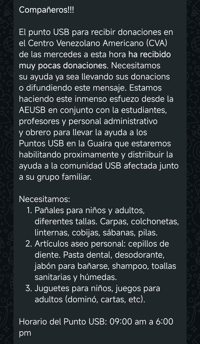 CatoVenezuela's tweet photo. Se necesitan donaciones en el centro de acopio del Centro Venezolano Americano solicitados por la comunidad de la Universidad Simón Bolívar. https://t.co/4bQQwZ1vdD