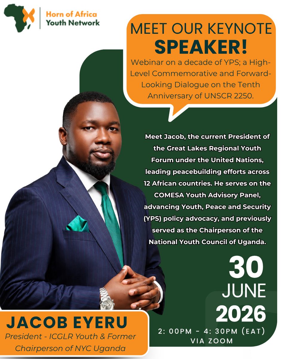 HornofAYN's tweet photo. 🎙️ Meet our final keynote speaker!

We’re pleased to welcome Jacob Eyeru, President of the ICGLR Youth Forum &amp; former Chairperson of the National Youth Council of Uganda, to our #YPSAt10 webinar.

Join us as we reflect on a decade of #UNSCR2250 and chart the work ahead. https://t.co/bWdeqRAo5S