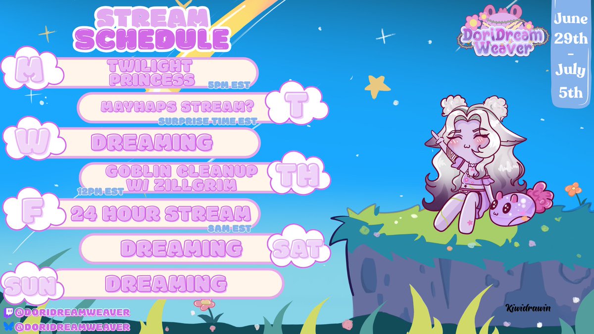 DoriDreamWeaver's tweet photo. ✨Schedule June 25th - July 5th✨
We're doing our 24 hour stream this upcoming Friday as part of reaching our goals for GamersOutreach
💜Mon- Twilight Princess
☁️Tues- Mayhaps a stream
💜Thurs- Goblin Cleanup with @ZillGrim 
☁️Fri- 24 HOUR STREAM! Schedule attached!
~
https://t.co/NA5vlaELhc
