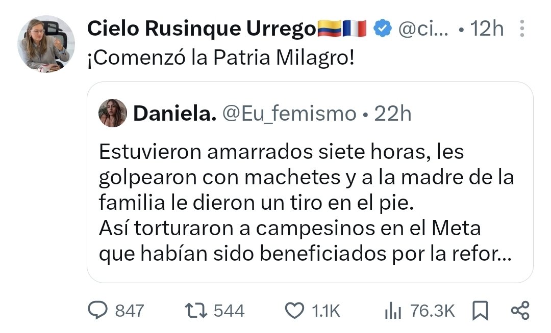 millanrussy's tweet photo. Torturaron a unos campesinos durante el gobierno de Petro y esta triple hijueputa responsabiliza a Abelardo. Critica más a quien no se ha posesionado que a quien lleva cuatro años gobernando y es el único responsable.

A ver de qué vas a trabajar luego, malparida. https://t.co/yuvw6wlLzQ