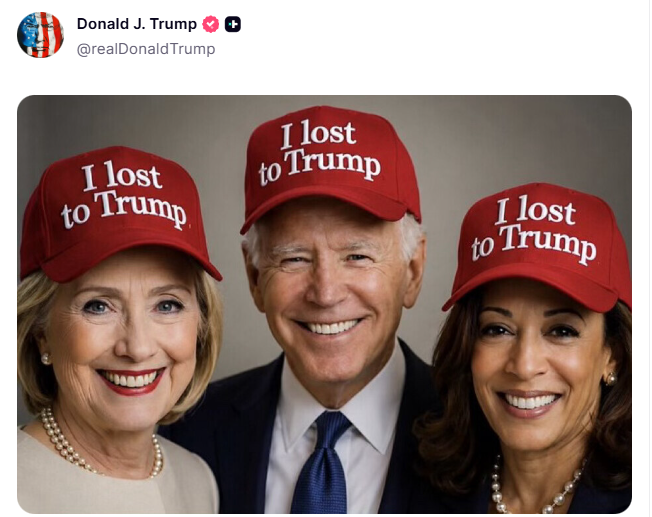BellatrixMarla's tweet photo. Trump parou na 5ª série e eu posso provar. Nesta madrugada, ele postou em sua rede social esta IA com Hillary Clinton, Joe Biden e Kamala com boné escrito: "eu perdi para Trump" 🤡

Eita medo do dossiê Epstein e midterms, rapaz... https://t.co/EgqZnj4JeY