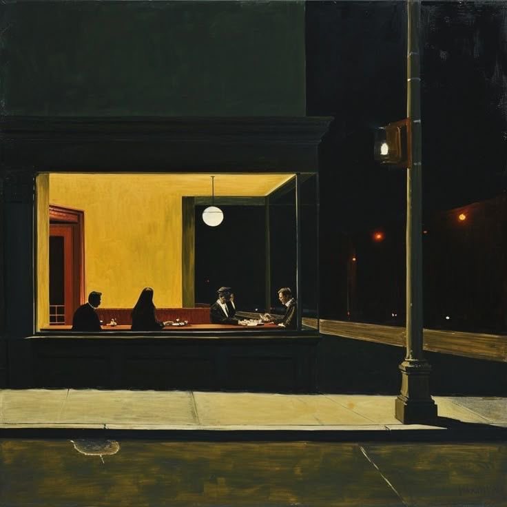pmamtraveller's tweet photo. “Nighthawks” by Edward Hopper, but from a different perspective https://t.co/p2T0jNdQ7k