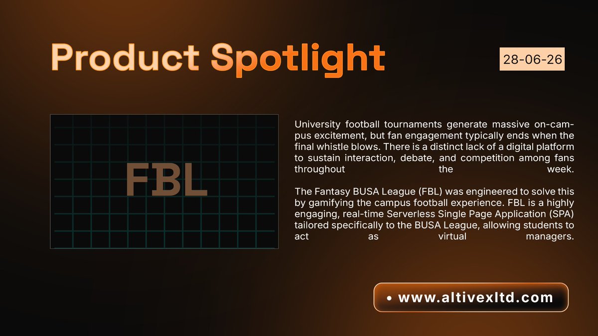 Altivextech's tweet photo. The match ends, but the banter shouldn't.

we engineered the Fantasy BUSA League (FBL) to gamify the university football experience. FBL is a real-time, serverless SPA that lets students act as virtual managers.

#Altivex https://t.co/QRU7AbRilg