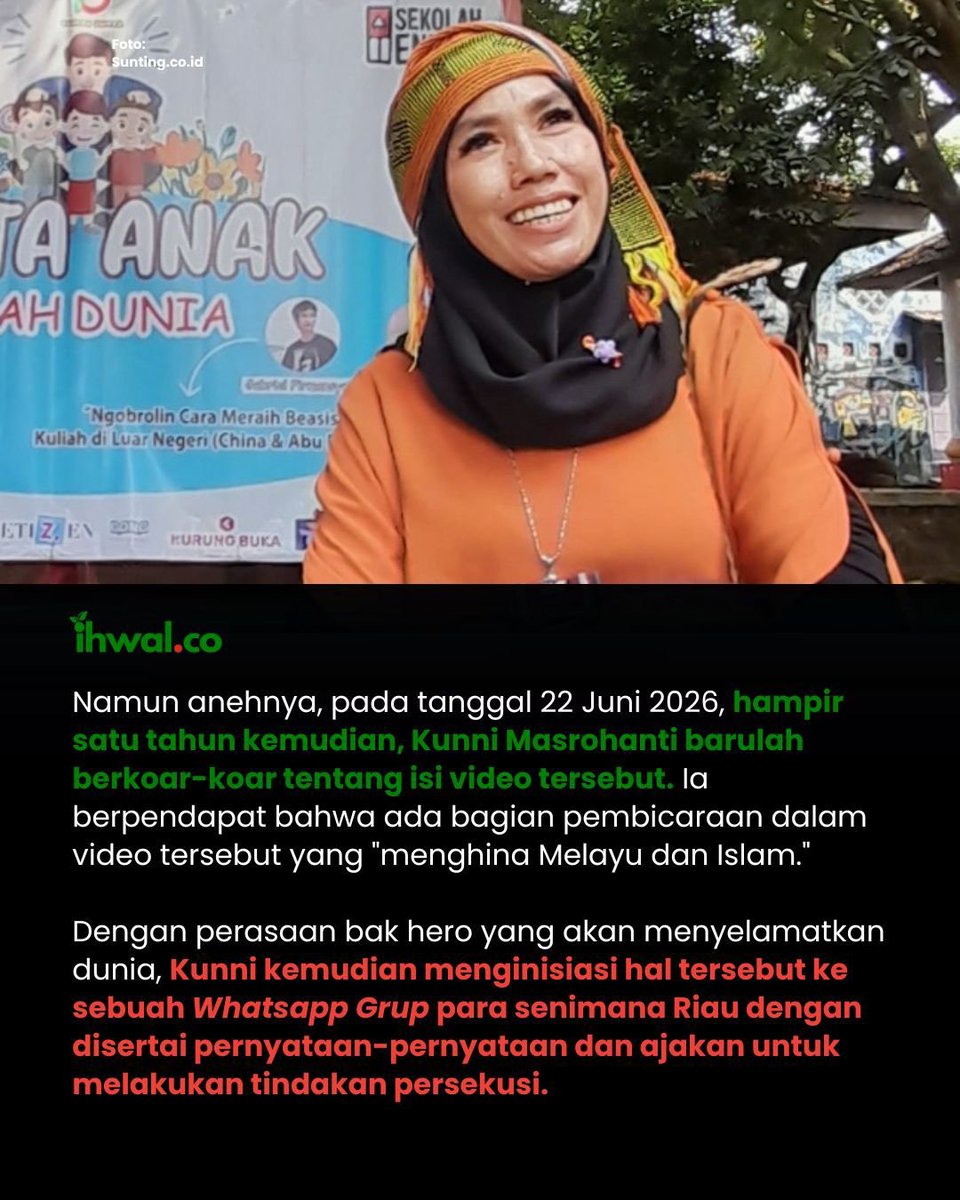 ihwalco's tweet photo. "Presiden Penyair Perempuan Indonesia, Kunni Masrohanti, melakukan ajakan untuk mempersekusi Penyair Muda, Andreas Mazland, di sebuah Whatsapp Grup agar ia dicekal dari kegiatan kebudayaan, diusir dari tempat tinggalnya, hingga hasutan untuk membunuh penyair muda itu. " https://t.co/1tS01qEMih