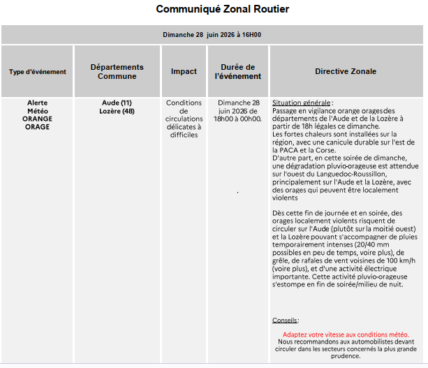 cezocsud's tweet photo. Communiqué de la Zone Sud pour une vigilance ORANGE Orages pour les départements de l'Aude           (11) et de la Lozère (48) pour la soirée du dimanche 28 juin. https://t.co/LnKw098sog