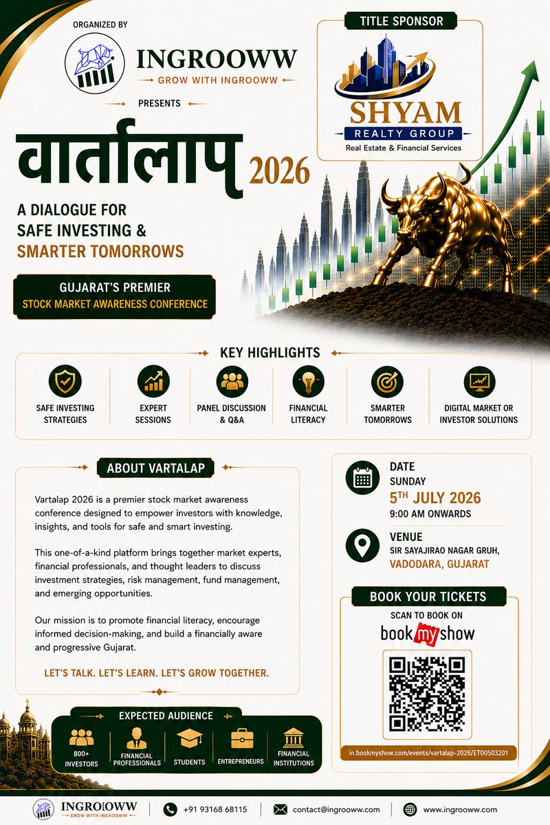 ingrooww's tweet photo. 📈 વાર્તાલાપ 2026 is here!

Join Gujarat's premier Stock Market Awareness Conference, organized by INGROOWW with Title Sponsor: Shyam Realty Group.

📅 5th July 2026
🕘 9:00 AM Onwards
📍 Sir Sayajirao Nagar Gruh, Vadodara

#stock #indianmarkets https://t.co/NlBlRYmJF7