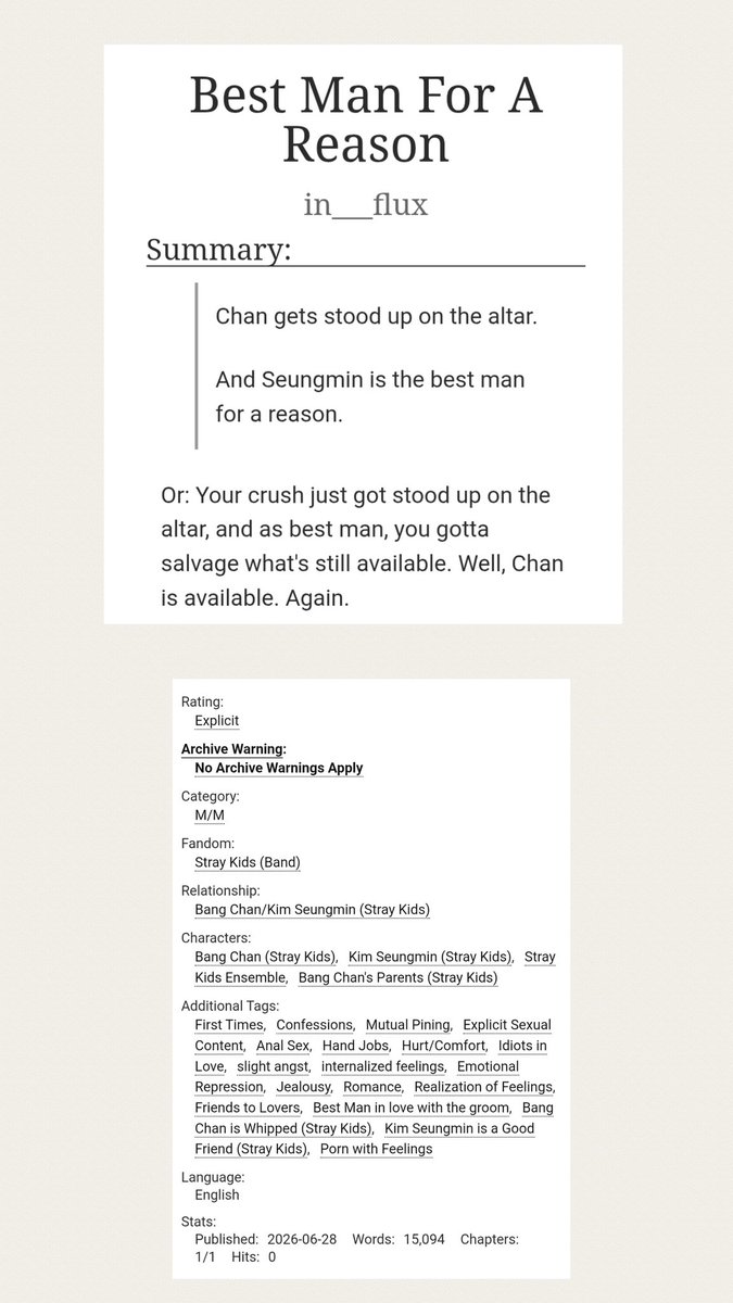 in___flux's tweet photo. 🍁 ヽ(*´＾｀)ﾉ 🍁
Best Man For A Reason

— 🐶🐺
— Explicit [Read Tags]
— Complete [15094 Words]
— Chan gets stood up at the altar.

⛓️: https://t.co/U5gR6bqEUO https://t.co/0nI2GmqNfO