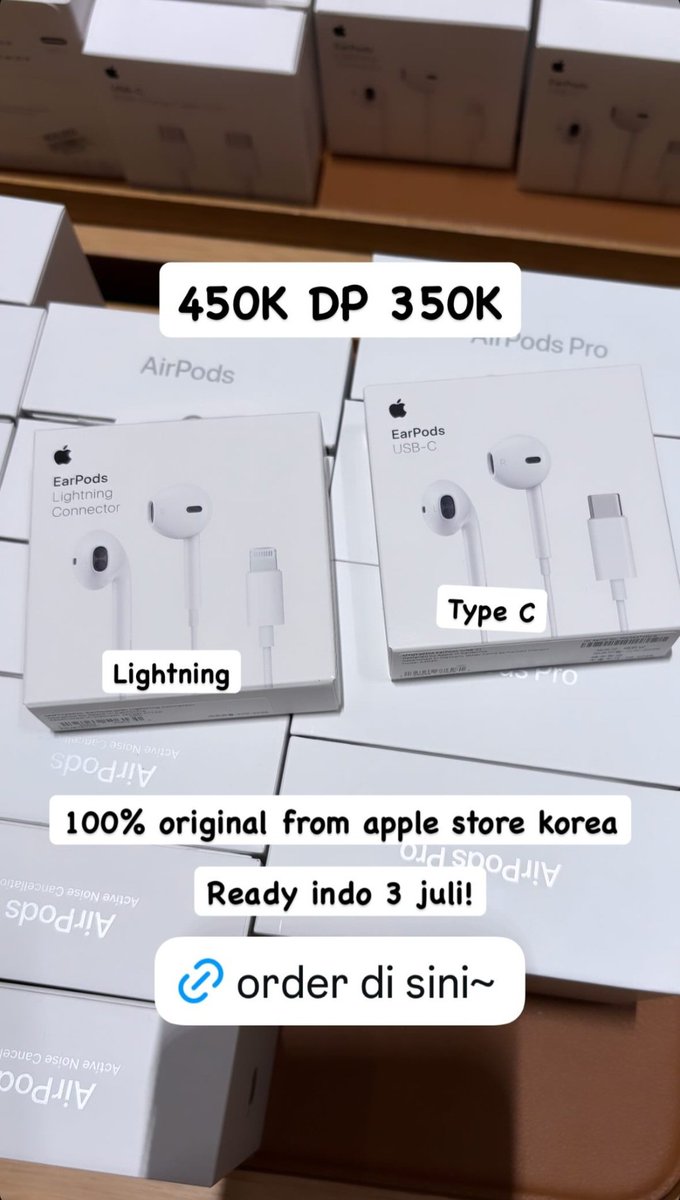 oingaing_id's tweet photo. (JASTIP) EARPODS KABEL

💰450K DP 350K
*available lightning &amp; type c

💯Original from apple store
✅️Handcarry
✅Harga bersih Ina
✅️Packing,GO,Shopee

Ready ina: 3 Juli
Form order: https://t.co/UQXqb0i4E3 https://t.co/aoZENREcSd