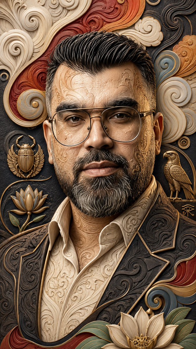 mhalnaser's tweet photo. Prompt🔽🔽🔽

An ultra-detailed 3D relief close-up portrait of a handsome man with a neatly groomed beard and hair, head and shoulders shot, aspect ratio 9:16. The face and shoulders feature intricate, multi-layered carved textures with clean linework, mimicking ivory, lacquered wood, and polished resin surfaces. Stylized floral patterns and flowing geometric lines are engraved directly onto his skin and shoulders, blending art with anatomy. The background consists of stylized, swirling clouds and wave-like textures creating high depth. Color palette: ivory white, gold, rich crimson red, charcoal grey, vibrant orange, warm yellow, light blue, and light green accents. Small golden ancient Egyptian symbols like the Scarab, Lotus flower, and Falcon are subtly embossed in the negative spaces near his shoulders. Fine textures, matte finish, masterfully balanced negative spaces, professional digital art, b5de_Ai style. --ar 9:16.

Prompt woman:🔽🔽🔽

An ultra-detailed 3D relief close-up portrait of an elegant woman wearing a modest hijab, head and shoulders shot, aspect ratio 9:16. The style features intricate, multi-layered carved textures with clean linework, mimicking ivory, lacquered wood, and polished resin surfaces. Her facial features and the drapery of her hijab are adorned with stylized cherry blossoms and flowing geometric patterns engraved directly onto the surfaces, showcasing the aesthetic beauty of the design. The background consists of stylized, swirling clouds and wave-like textures creating high depth. Color palette: ivory white, gold, rich crimson red, charcoal grey, vibrant orange, warm yellow, light blue, and light green accents. Small golden ancient Egyptian symbols like the Scarab, Lotus flower, and Falcon are subtly embossed in the negative spaces. Fine textures, matte finish, masterfully balanced negative spaces, professional digital art, b5de_Ai style. --ar 9:16.