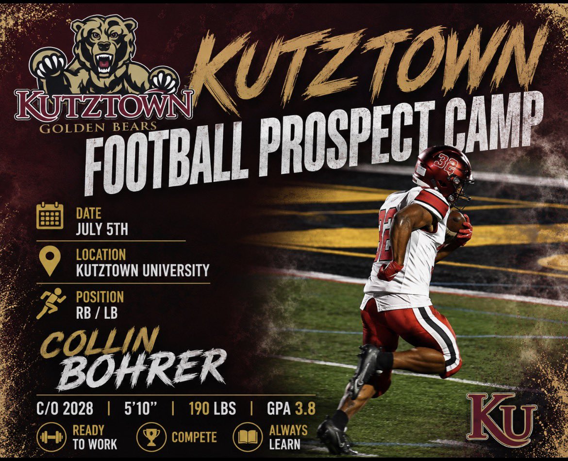 CollinBohrer's tweet photo. No shortcuts. Just work.

Looking forward to the opportunity to compete at Kutztown University on July 5th. Ready to learn, compete, and improve. See you there @KUBearsFootball @Coach_Ditti @CoachTaylor_OL @CoachFargo_KUFB @KUHC_Clements @AFL_YorkPA @CoachCregger @CoachBL_AFL #agtg 🙏🏾