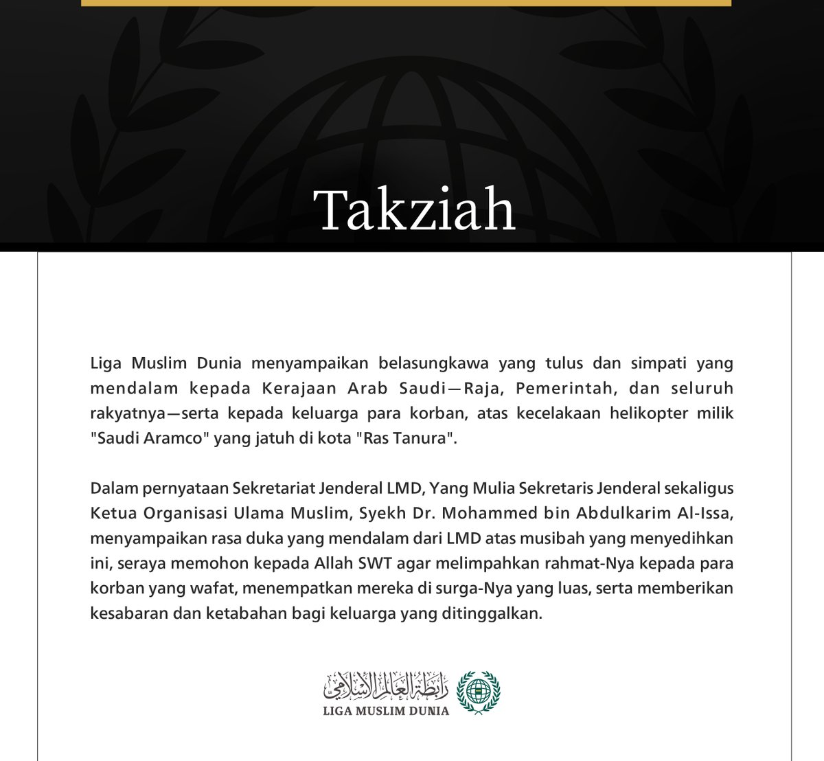 mwlorg_id's tweet photo. Takziah dari Liga Muslim Dunia: https://t.co/pAEeOlvxjP