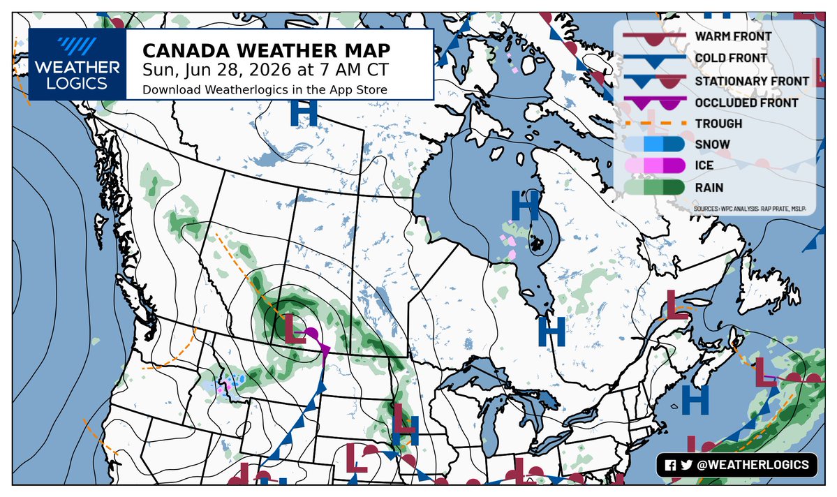 weatherlogics's tweet photo. Canada weather map - Sunday, June 28, 2026

#bcwx #abwx #skwx #mbwx #onwx #meteoqc #nbwx #nswx #pewx #nlwx https://t.co/OlSt6BNprJ