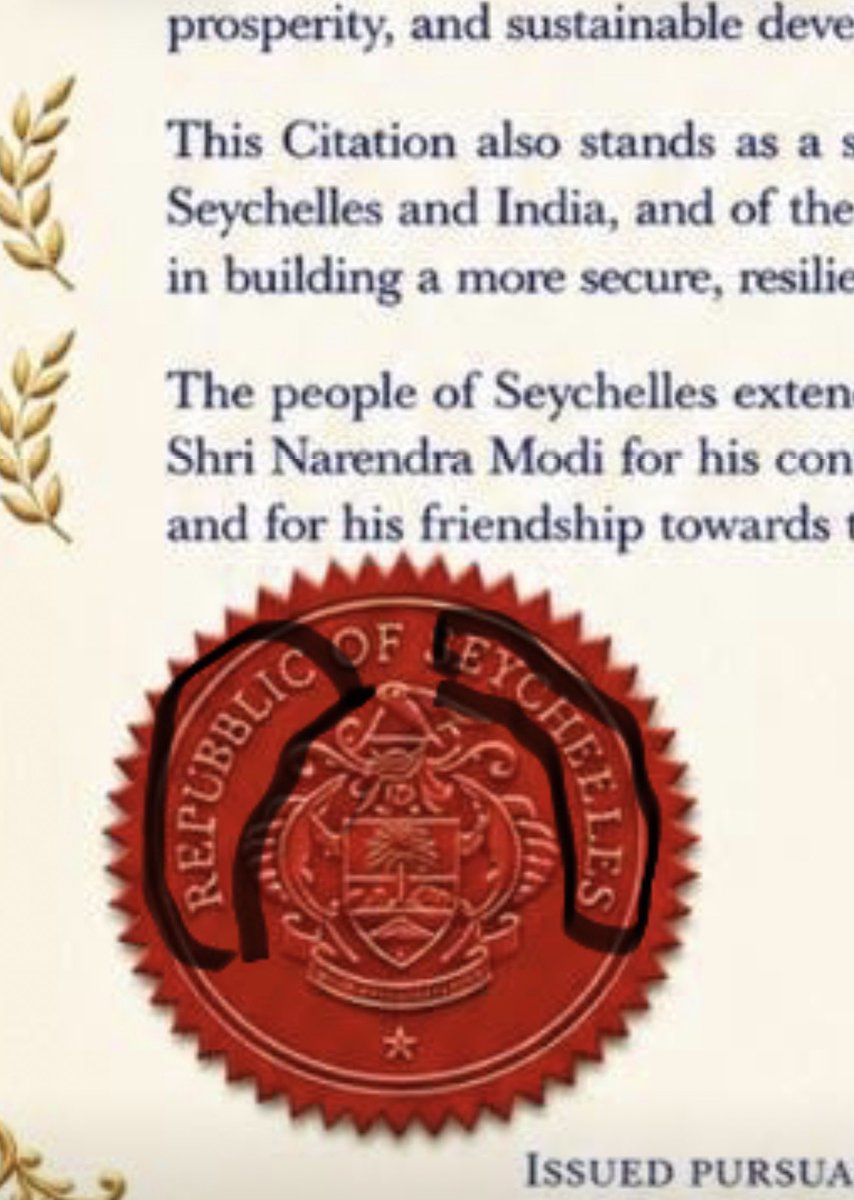 SupriyaShrinate's tweet photo. The world has figured Modi out.

Give him any award, and he’ll come running.

Seychelles approved a brand-new award - ‘Guardian of the Blue Horizon’ - just four days ago.

It had never been given to anyone before Modi. They were in such a tearing hurry that they even got the official name of the Republic of Seychelles wrong.

Modi also went to Israel earlier this year to receive a similarly freshly minted award (blissfully unaware of the war that broke out a day later), and he received the Philip Kotler Award - many of which have never been given to other people before and after him.

His obsession with awards comes at a cost: Seychelles has been promised a $125 million credit line and $50 million in grants.

Bhakts may be foolish but the rest of the world isn’t.