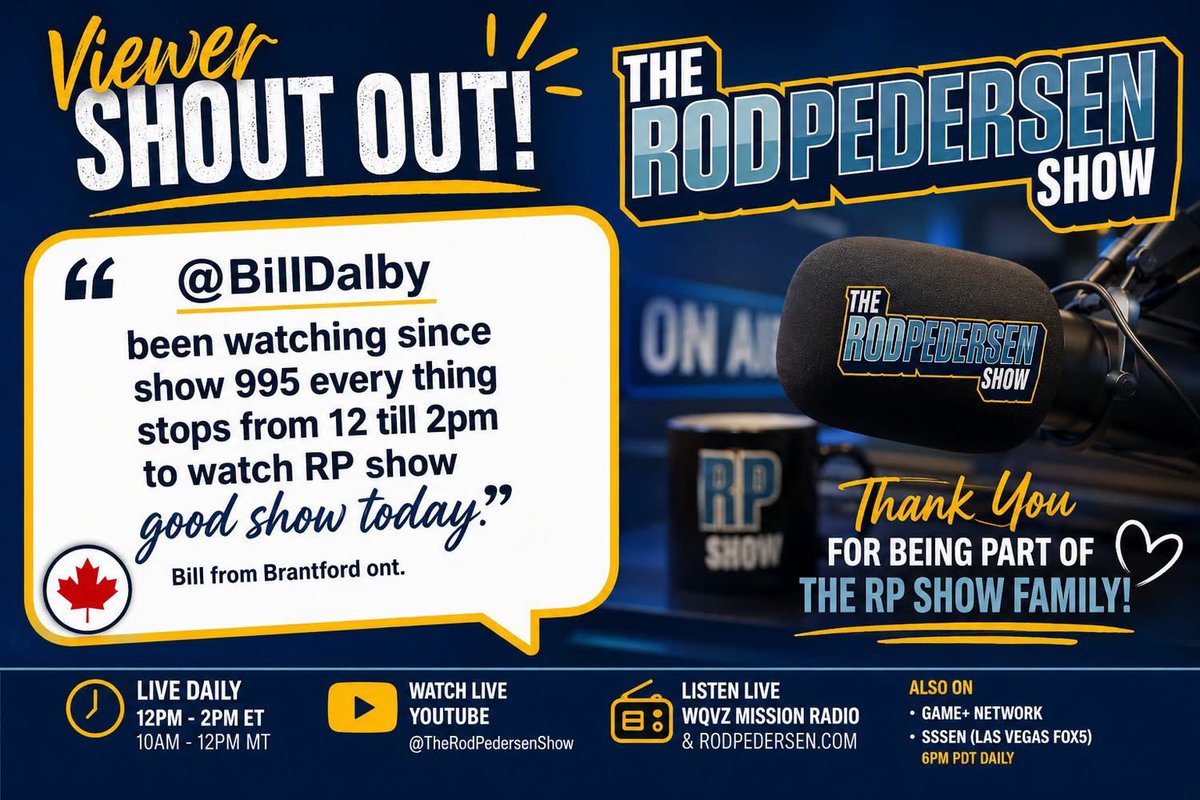RodPedersenShow's tweet photo. โค๏ธ A huge shoutout to Bill from Brantford, ON! ๐จ๐ฆ
ย
Messages like this are why we do what we do. Thank you, Bill, and thank YOU to the entire #RPShow family for tuning in every day! ๐๐บ๐๐
ย
#RodPedersenShow #SportsTalk #NHL #CFL https://t.co/JUgsc8HFVN