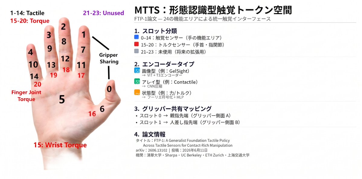 Tsuki_RobotAI's tweet photo. 最新研究では触覚もトークン化されてる。
ChatGPTが「言葉をトークンに分解して理解する」のは知ってる人も多いと思う。

実は最新の触覚AIも、手の触り心地をトークンに変換してるんです。

指先・手のひら・手首…それぞれの部位に番号を振って、センサーの種類が違っても同じ形式に統一。

これが「MTTS（形態認識型触覚トークン空間）」という仕組み。

テキストに言語モデルがあるように、触覚にも基盤モデルの時代が来てます。