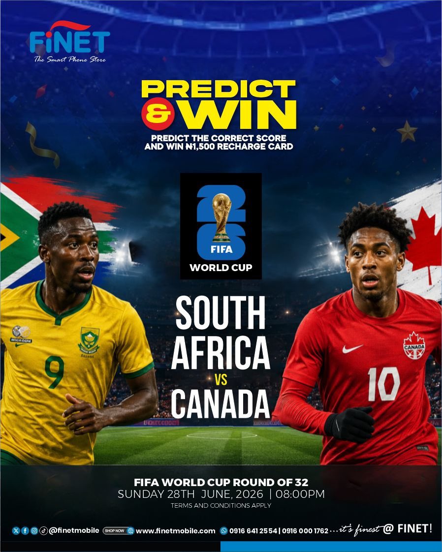 FinetMobile's tweet photo. ⚽ PREDICT &amp; WIN!

🇿🇦 South Africa 🆚 🇨🇦 Canada

Predict the correct score &amp; win a ₦1,500 Recharge Card!💸

✅ Like
✅ Repost
✅ Comment your prediction
✅ Tag 3 friends

⏰ Closes 8PM today.

#SouthAfricaVsCanada #PredictAndWin #FIFAWorldCup #FinetMobile https://t.co/q4Q2KeuFdb