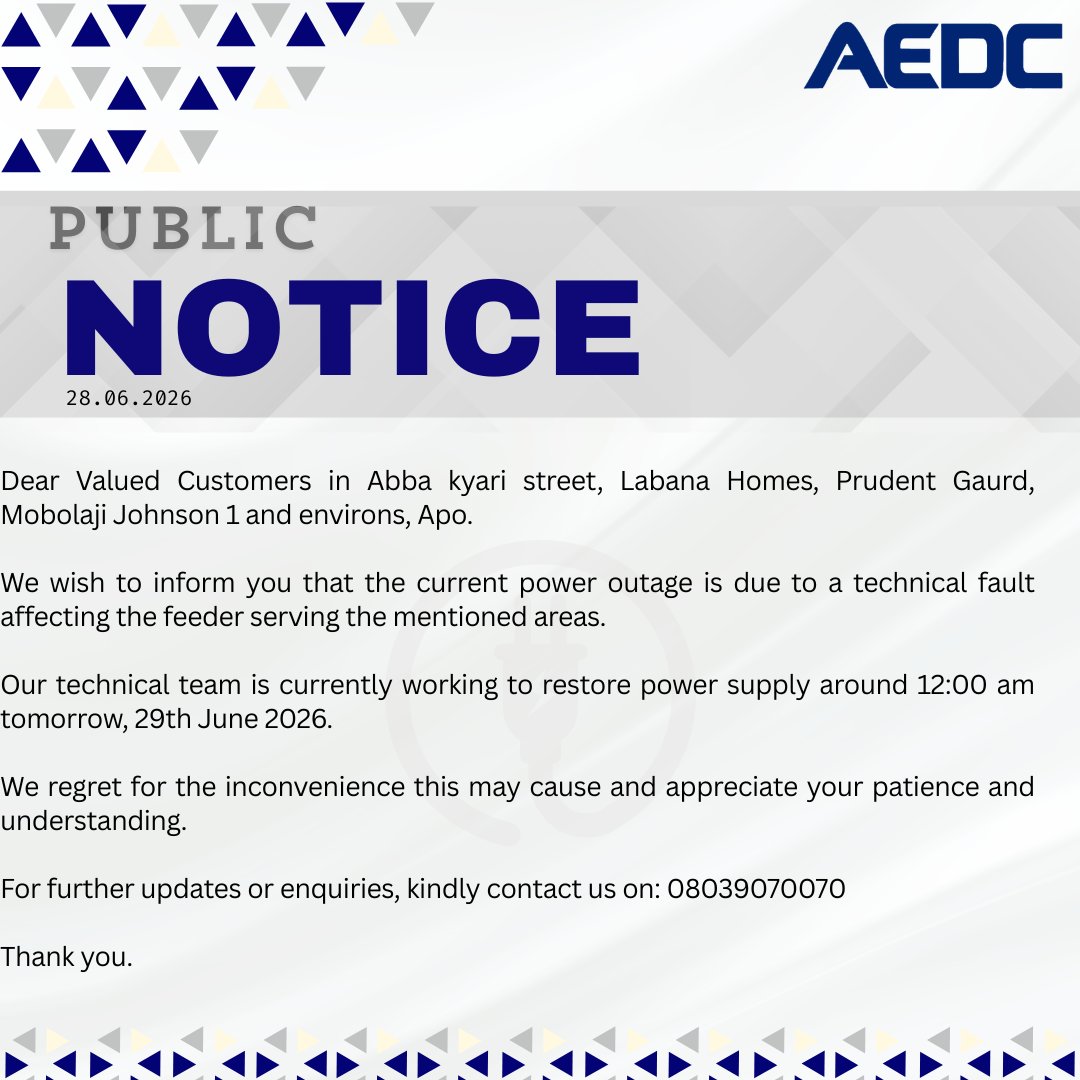 aedcelectricity's tweet photo. Power Outage Alert❗️
#CustomerNotice
#PowerofCommitment https://t.co/78RDRASuaz