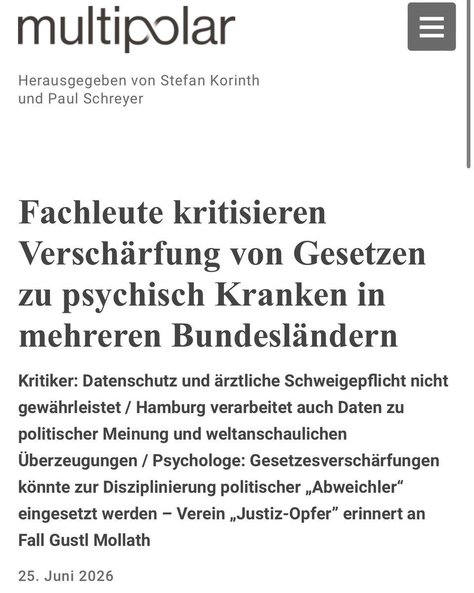 rosenbusch_'s tweet photo. „Nicht ausgeschlossen ist für Walach, dass Menschen mit abweichenden politischen Meinungen auf Basis der neuen Gesetze als psychisch krank deklariert, als gefährlich eingestuft und dadurch überwacht werden könnten. Eine Verschärfung der Gesetze könnte seiner Ansicht nach ein Hebel sein, um in Zukunft Abweichler aller Art zu maßregeln.

Walach erinnert an die Juristin Beate Bahner, die Corona-Maßnahmen kritisierte und im April 2020 kurzzeitig in die Psychiatrie eingeliefert wurde. Außerdem verweist er auf das politische Psychiatriesystem der Sowjetunion, das laut der Leipziger Psychiaterin Sonja Süß auf Bürger abzielte, die sich oppositionell betätigten.“

https://t.co/XvfkBuMvsH
