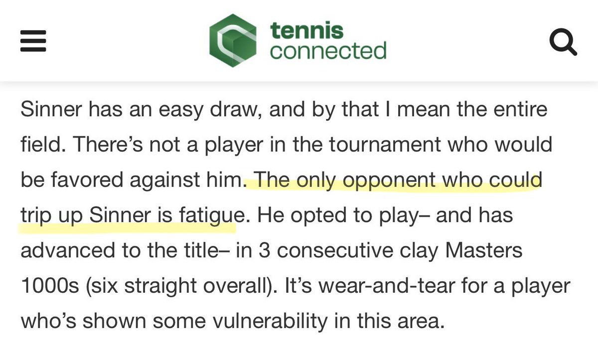 AmyLundyDahl's tweet photo. When I wrote in my RG preview that fatigue and/or heat could be an issue for Sinner— and said the same on Gill’s podcast, questioning if Madrid was a good play— I caught hell online. Now Sinner himself says load management has indeed been a point of discussion. via Stan Sports👇 https://t.co/IXL26f1el2