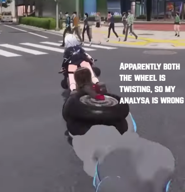 zain3x's tweet photo. About  wheel twist animation...

At first, I thought only the rear wheel was twisting, which should make it yaw to the right. After looking closer, both wheels seems to twist together.

But wouldn’t it turn faster if the rear wheel twisted in the opposite direction? https://t.co/LusaOw5UGR