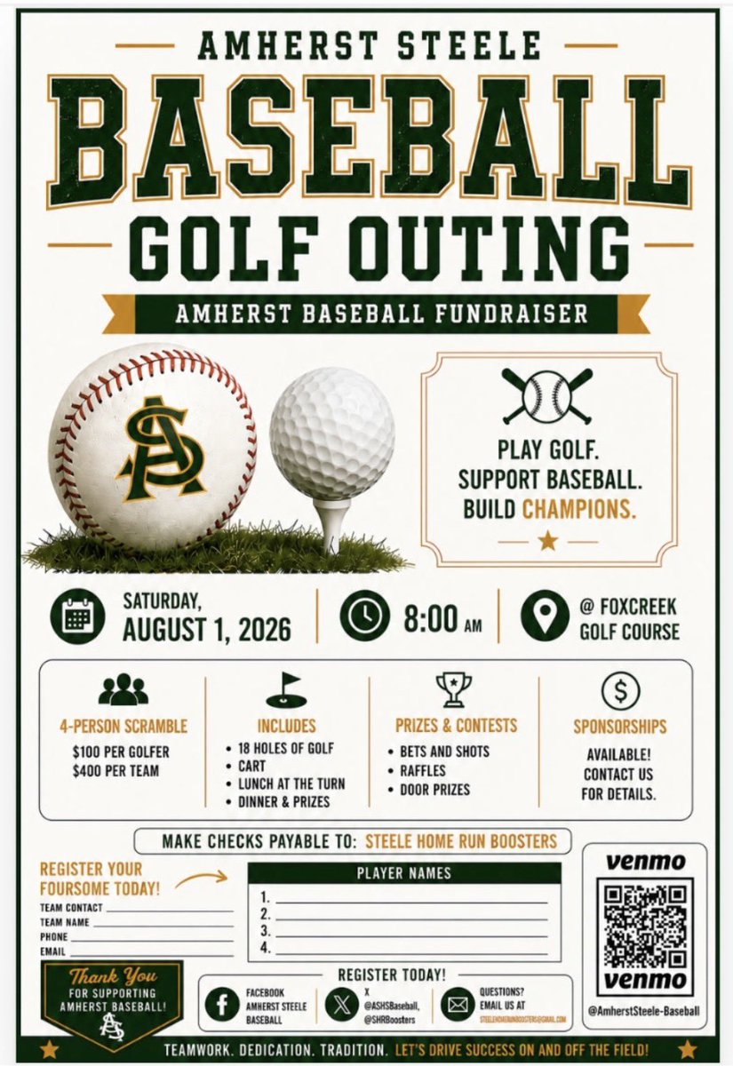 ASHSBaseball's tweet photo. This year’s Amherst Steele Baseball Golf Outing is just 5 weeks away! Email steelehomerunboosters@gmail.com to enter your foursome or become a hole sponsor today! #GoComets☄️ https://t.co/jztUcoFRMz