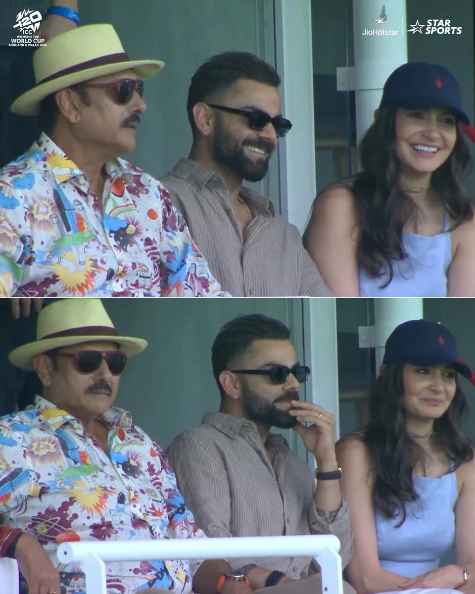 StarSportsIndia's tweet photo. 𝐓𝐡𝐞 𝐊𝐢𝐧𝐠 𝐢𝐬 𝐡𝐞𝐫𝐞 𝐭𝐨 𝐛𝐚𝐜𝐤 𝐭𝐡𝐞 𝐐𝐮𝐞𝐞𝐧𝐬. 💙

Royal support in the stands as #ViratKohli, #RaviShastri &amp; #AnushkaSharma cheer on #TeamIndia. 🇮🇳

ICC Women’s #T20WorldCup 2026 | #INDvAUS | LIVE NOW https://t.co/4Z47ovqT3V