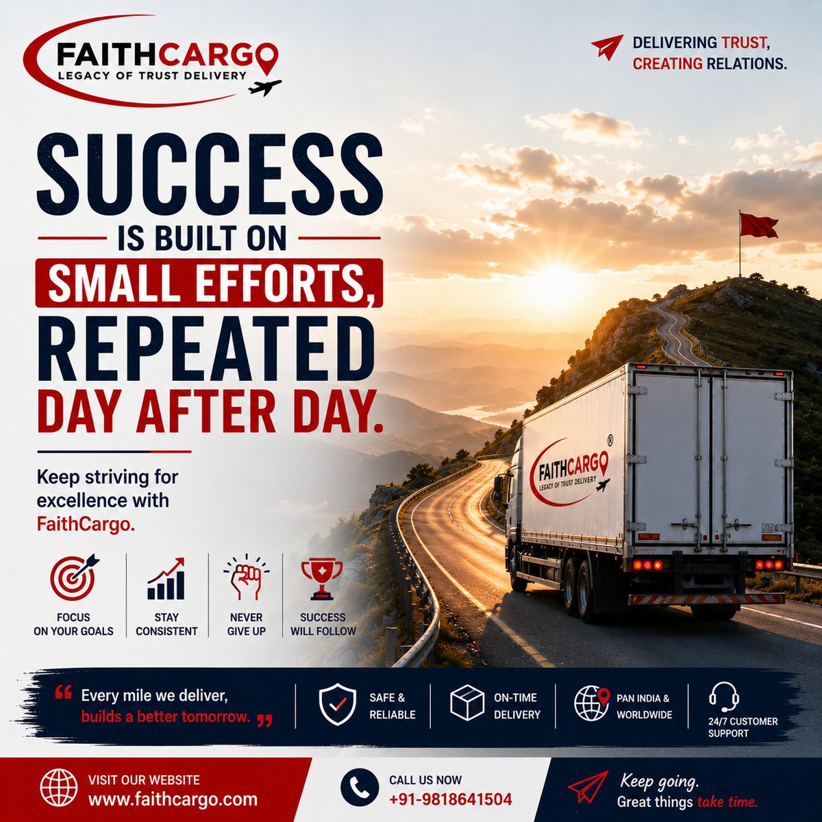 faithcargo's tweet photo. Success is built on small efforts, repeated day after day.

Keep striving for excellence with FaithCargo.
https://t.co/PAZ8ptBKTl

#FaithCargo #MotivationQuote #Success #KeepGoing #PositiveMindset #NeverGiveUp https://t.co/wPNNzjCKn4