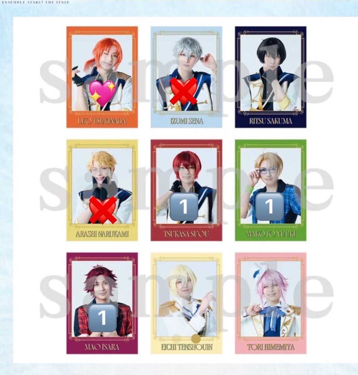 01ll_re's tweet photo. 【交換 譲渡】あんさんぶるスターズ あんステ 返礼祭 レクイエム Knights グッズ ランダム 特典 ブロマイド ランブロ

譲  泉 嵐 司 真 真緒
求 レオ💖🩷＞泉 司❤️（買取もしております）

異種交換可能
全日会場手渡し可能
お気軽にお声掛けください https://t.co/kYmi69XS2Z