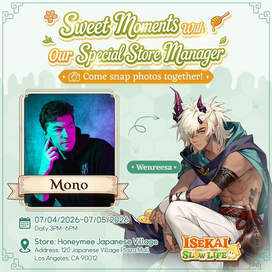 slowlife_isekai's tweet photo. 🍯 Special Guests Are Coming to Honeymee!  
During the Isekai: Slow Life × Honeymee offline collaboration, we'll be hosting a special event at Honeymee Little Tokyo, LA.  As the Featured Store for this collaboration, this location is where you can meet special guests and experience this sweet crossover in person.   

📍 Featured Store 
Honeymee Little Tokyo, LA  
120 Japanese Village Plaza Mall, Los Angeles, CA 90012   

📅 July 4th – July 5th  
⏰ 3:00 PM – 6:00 PM (UTC-7)   

Fifi, Willo, and Wenreesa will also be stepping into our world to meet everyone!  
🐾Fifi: @JuliaStunts 
X: https://t.co/ZiKaFigEFJ
🌿Willo: @Irine_Meier 
X:  https://t.co/fQhwnKowKJ
✨Wenreesa: @MonolithCostume 
X:  https://t.co/1YEaswhlGm  
🎥Special guest creator @Lost_Pause_ 
X: https://t.co/0Nld4xYN87

  will also be there to bring you firsthand updates!  
Come say hi, take photos, and make some sweet otherworldly memories at Honeymee~  More details coming soon, so stay tuned!  
#IsekaiSlowLife #Honeymee