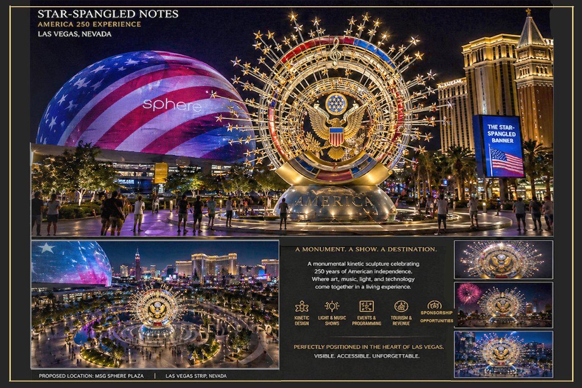 YevhenProkopov's tweet photo. Happy birthday, @elonmusk. As a symbolic gift, I would be honored to send Star-Spangled Notes, an America 250 monument concept envisioned for Las Vegas. It is the first monument to unite the U.S. anthem, flag, and Great Seal. What is the official mailing channel? https://t.co/ytFe3mOGZe