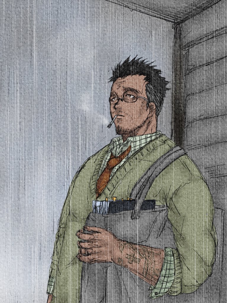 tky_lol's tweet photo. #ヒゲ版深夜の真剣お絵描き60分一本勝負

お題 『傘忘れた…』
ドロヘドロ カスカベ博士（51歳） https://t.co/MgX6TzRcWY