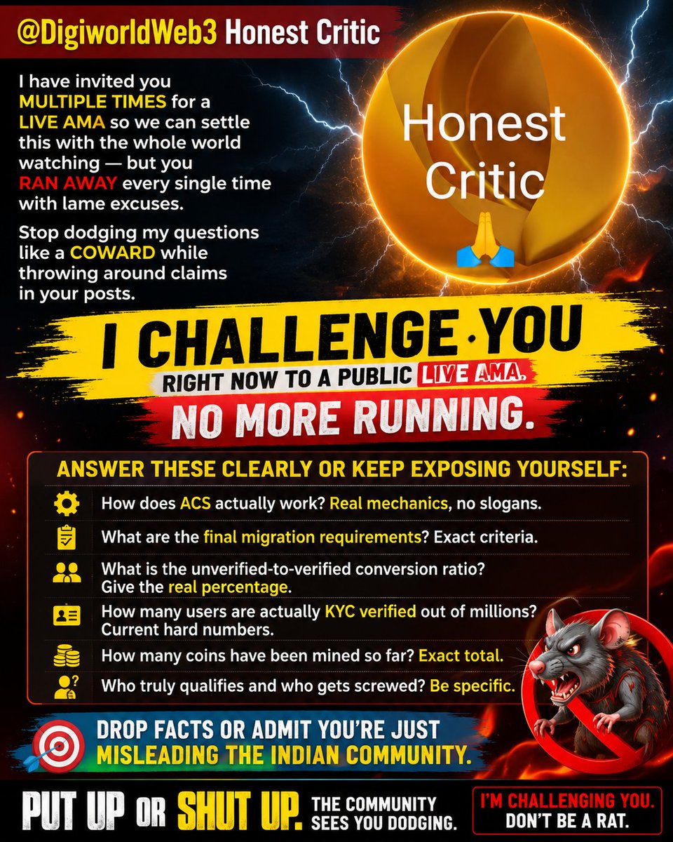 RealMRX007's tweet photo. @DigiworldWeb3 Honest Critic
I have invited you multiple times for a live AMA so we can settle this with the whole world watching, but you ran away every single time with lame excuses. Stop dodging my questions like a coward while throwing around claims in your posts.
#challenge https://t.co/HqhYNNyW5S