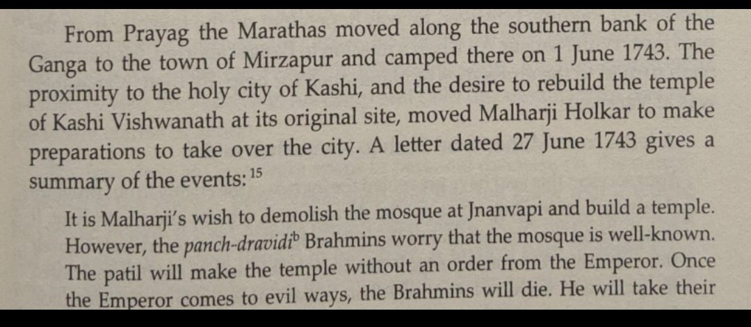 4point2KILOyear's tweet photo. An attempt was made twice by the Marathas to take over the city of Kashi along with Prayag and Ayodhya in 1743 when NanaSaheb himself was at Prayag and Malharrao Holkar was at the outskirts of Kashi with his army.

Then again in 1759 under the Maratha generalissimo of north - Dattaji Shinde. Sāma, dāma, daṇḍa, bheda all were tried to liberate the Kashi Vishweshwar and the teerth kshetras 

One was foiled due to cvckery of gangoo b..in 1743, the other due to Abdali's 5th invasion and rampage on the northwest frontier.
