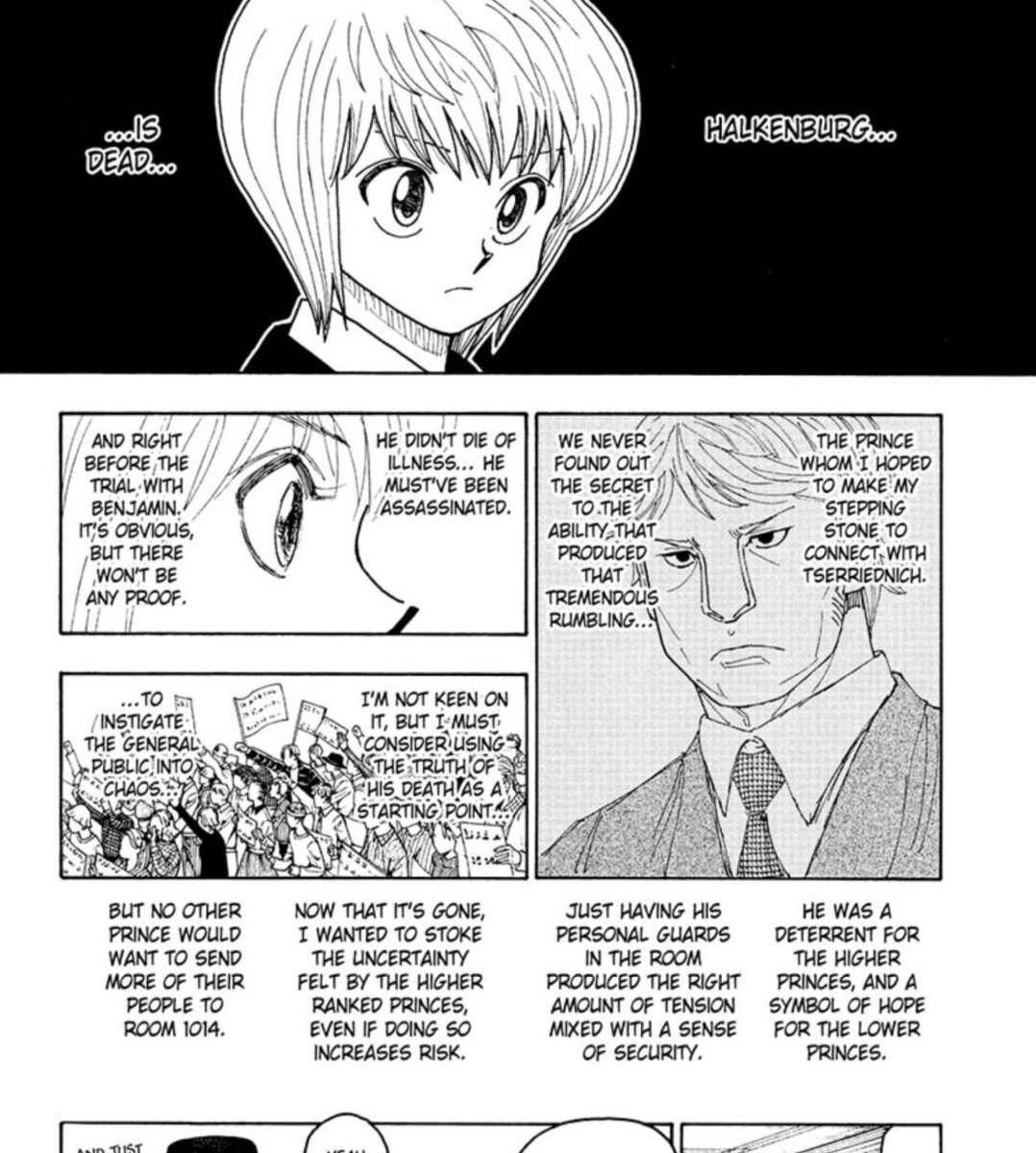 hoikkoro's tweet photo. kurapika noted that just having one halkenburg’s guards in the room “produced the right amount of tension”, and losing that presence destabilized the room. just like how halkenburg was a deterrent to the top princes and hope for the lower ones. the subtext here is just incredible https://t.co/2WUOITIFQu
