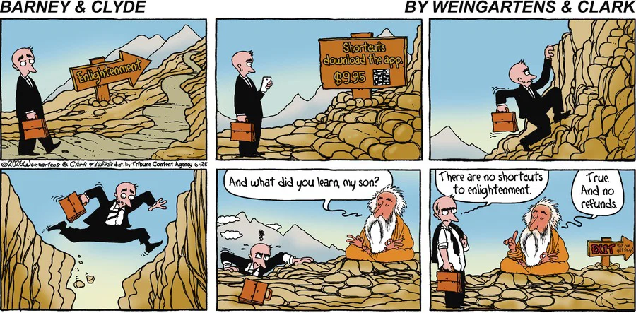 DalePederson's tweet photo. #SundayFunday &amp; it takes 6 panels to #arrive at a #destination and some #wisdom from the #guru on the #mount in #today's #comic "Barney and Clyde" by #creators Gene Weingarten; Dan Weingarten &amp; David Clark but #tycoon Barney (J. Barnard Pillsbury) can't get his #time back either! https://t.co/ptn5ubdlIH