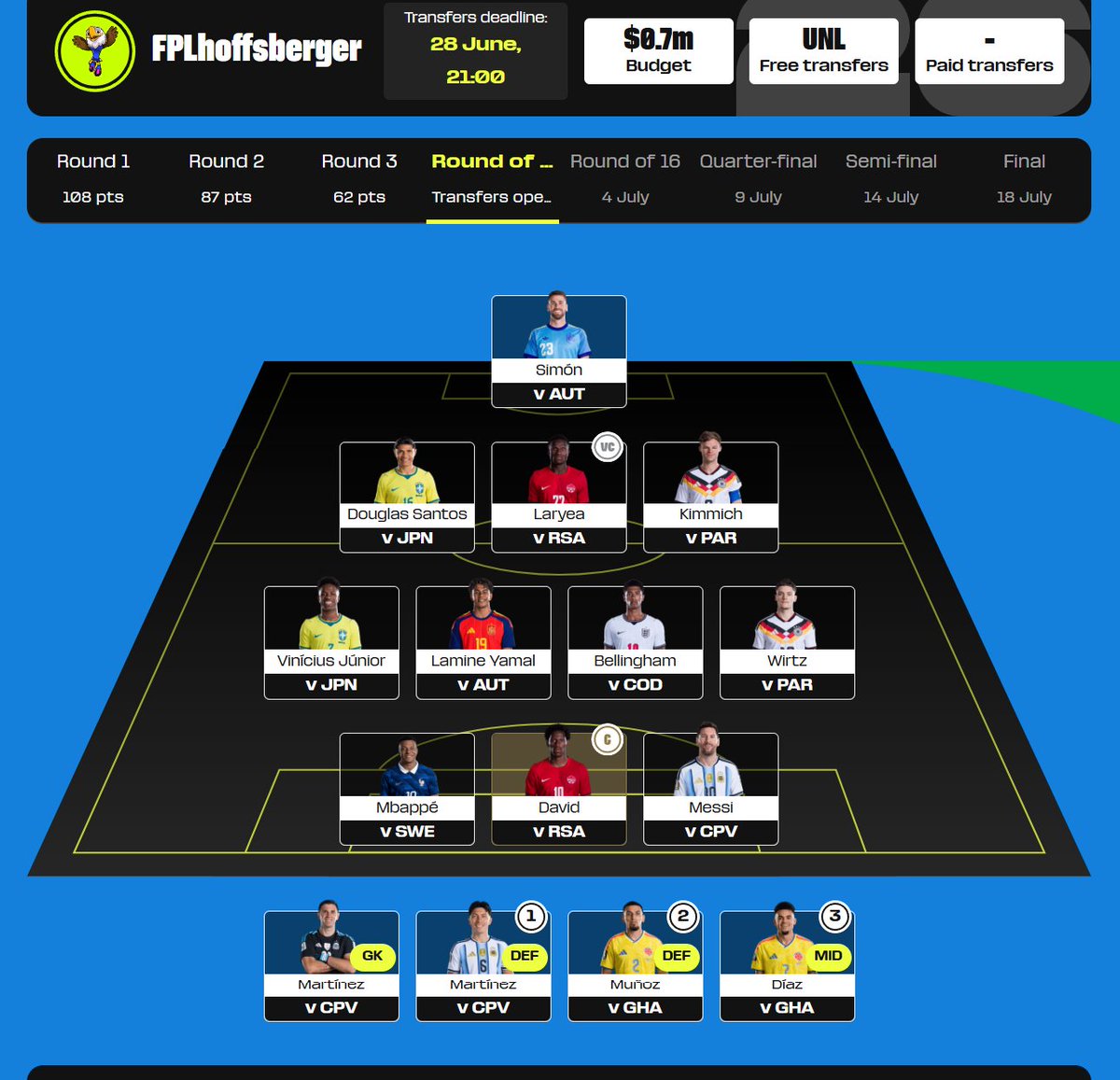 FPLhoffsberger's tweet photo. ๐๐๐๐ ๐ช๐ข๐ฅ๐๐ ๐๐จ๐ฃ ๐๐ฎ๐ป๐๐ฎ๐๐
#WorldCupFantasy MyTeam 2026 ๐
Knockout Stages โ Round of 32
#MD4 #Ro32
๐ 308,139
Chip Activated:
๐
๐ธ๐ผ๐จ๐ณ๐ฐ๐ญ๐ฐ๐ช๐จ๐ป๐ฐ๐ถ๐ต ๐ฉ๐ถ๐ถ๐บ๐ป๐ฌ๐น ๐
โ
โฎ Unlimited Transfers
$ 0.7 ITB ๐ต
#ARAMCO
#FIFAWC #FWCF
#FWC #WCF
#MD4 https://t.co/OW98GNDHM2