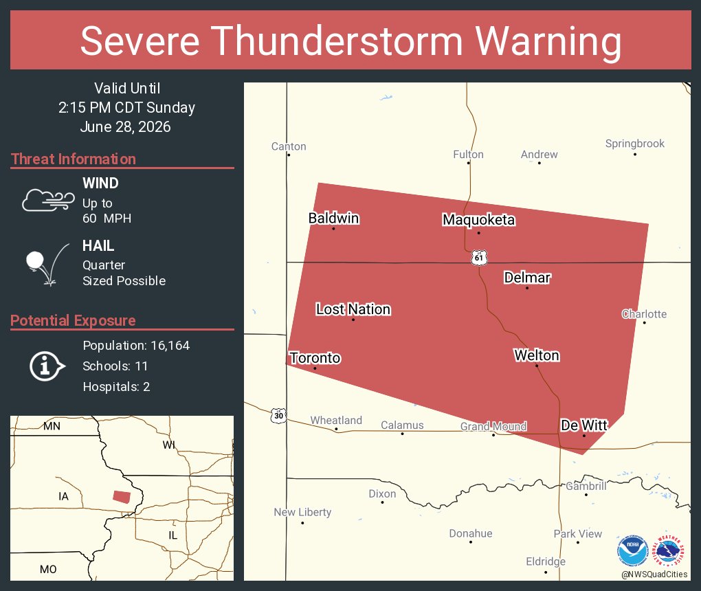 NWSSevereTstorm's tweet photo. Severe Thunderstorm Warning continues for Maquoketa IA, De Witt IA and  Delmar IA until 2:15 PM CDT https://t.co/znb6qoFbFo