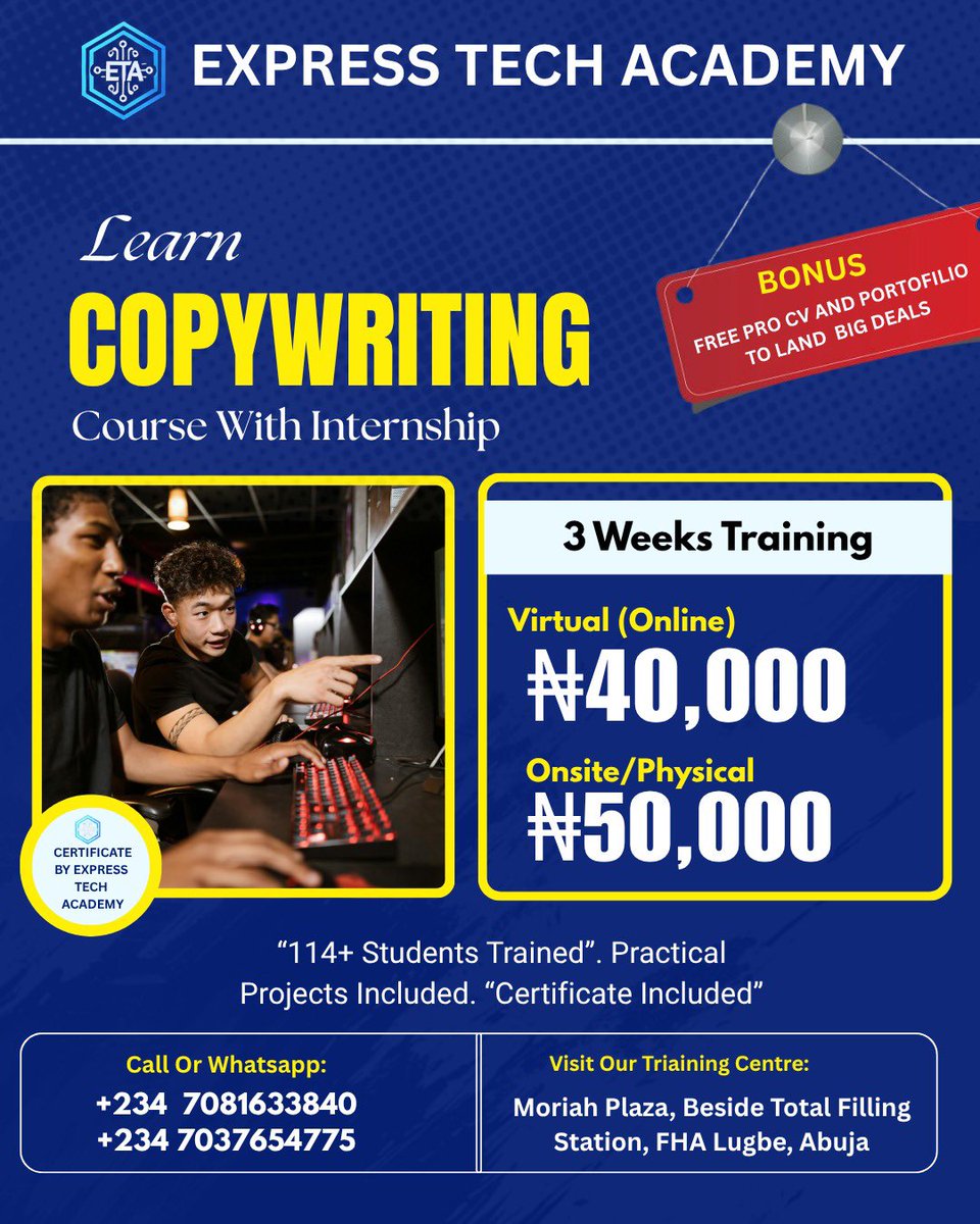 ExpressTechNG's tweet photo. Your words can become your source of income.

Learn Copywriting and discover how to write content that sells, attracts customers, and grows businesses.

✅ 3 Weeks Training
✅ Internship Included
✅ Certificate Included
✅ FREE Pro CV &amp; Portfolio https://t.co/FvV5Qz32bJ