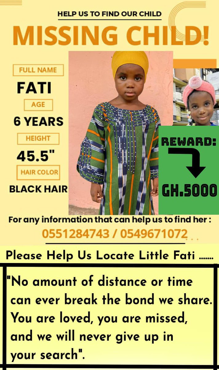 AmeyawDebrah's tweet photo. MISSING CHILD ALERT: HELP US FIND 6-YEAR-OLD FATI

A family in Accra is urgently appealing to the public for assistance in locating 6-year-old Fati, who has been missing since Saturday, June 21, 2026.

Fati disappeared from Nima 441, Alaska, Accra, directly in front of her family home under circumstances that have left her loved ones devastated.

According to her guardian, Aisha, Fati was with her mother, who sells eggs in front of their home, when it began to drizzle. Fati had gotten slightly wet, and her mother asked her to go inside the house to change into dry clothes. The house was only a few steps away, and she was expected to return immediately so they could go out to get something to eat.

A few minutes later, as the rain intensified, family members moved indoors and called for Fati, only to discover that she had vanished. Despite extensive searches and reports made to the police, community leaders, and other relevant authorities, there has been no trace of her.

The family now fears that Fati may have been abducted and is pleading with the public to assist in any way possible.

Anyone with information about Fati's whereabouts, no matter how insignificant it may seem, is urged to contact:

📞 0551284743
📞 0549671072

A reward of GH₵5,000 is being offered for credible information that leads to Fati's safe return.

The family is also appealing to television and radio stations, bloggers, journalists, influencers, and the general public to help share Fati's story widely.

Please help bring Fati home safely.