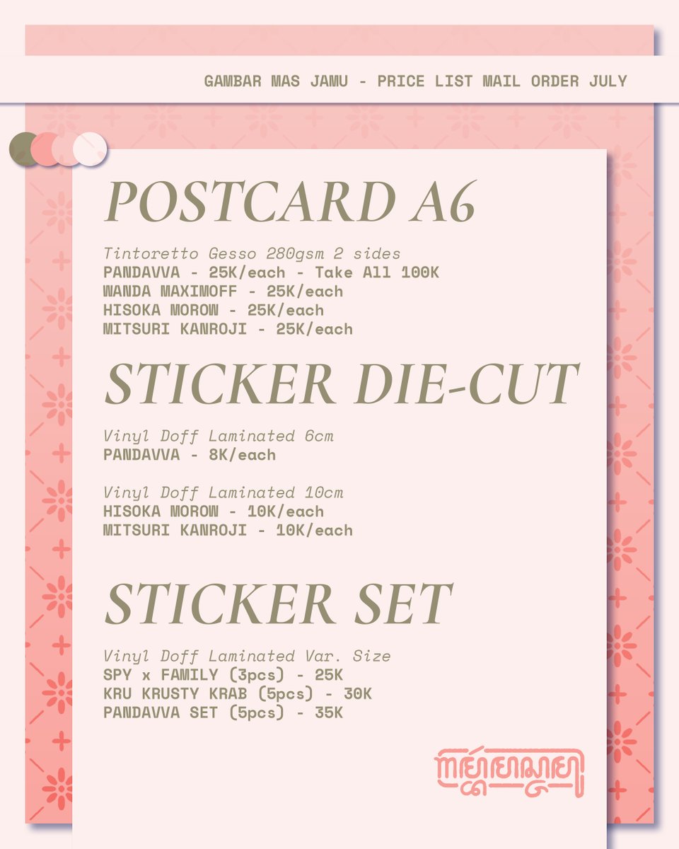 gambarmasjamu's tweet photo. ✨MAIL ORDER JULI 2026✨
[🔁+🩷 are appreciated!]

Dalam rangka aku mau merestock ke Berkawan Sekebun, aku sekalian buka Mail Order. Yang aku buka baru ada sticker dan postcard ya~

PRE-ORDER OPEN:
29 Juni - 11 Juli 2026 (20.00 WIB)
https://t.co/xksOv4GxeB

Terima kasih banyak! https://t.co/3ctwnGtntg