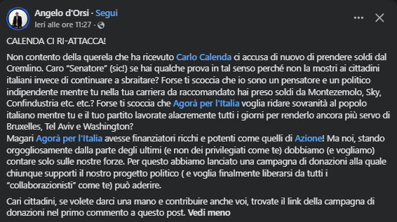 Ander_Bruckes's tweet photo. Angelo D'Orsi, nel prendersela anche lui con @CarloCalenda su Facebook, fa una cosa che dovrebbe far riflette su quanto la diffusione della disinformazione russa sia diventata un business: chiede soldi.

Forse questo è tutto ciò che c'è da sapere su questa rete di traditori. https://t.co/6GxdZ9oW1b