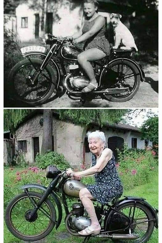 Marti_L's tweet photo. Same house, same woman, same motorcycle... 71 years apart. wow... https://t.co/fbpdf92BpZ