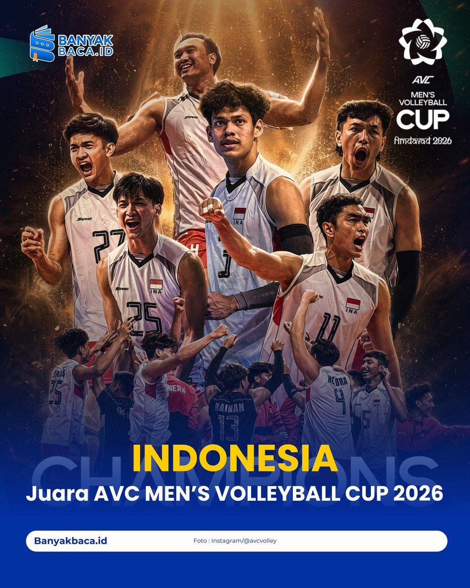 banyakbacaid's tweet photo. CHAMPIONS🏆

Timnas Voli Indonesia berhasil menjadi juara AVC Men’s Cup 2026 usai mengalahkan Korea Selatan di final dengan skor akhir 3-0 (34-32, 25-16, dan 25-23) pada Minggu (28/6). Gelar ini merupakan yang pertama untuk Indonesia di ajang AVC Men’s Cup 2026.

#VolleyBall #AVC https://t.co/cCees8i22l