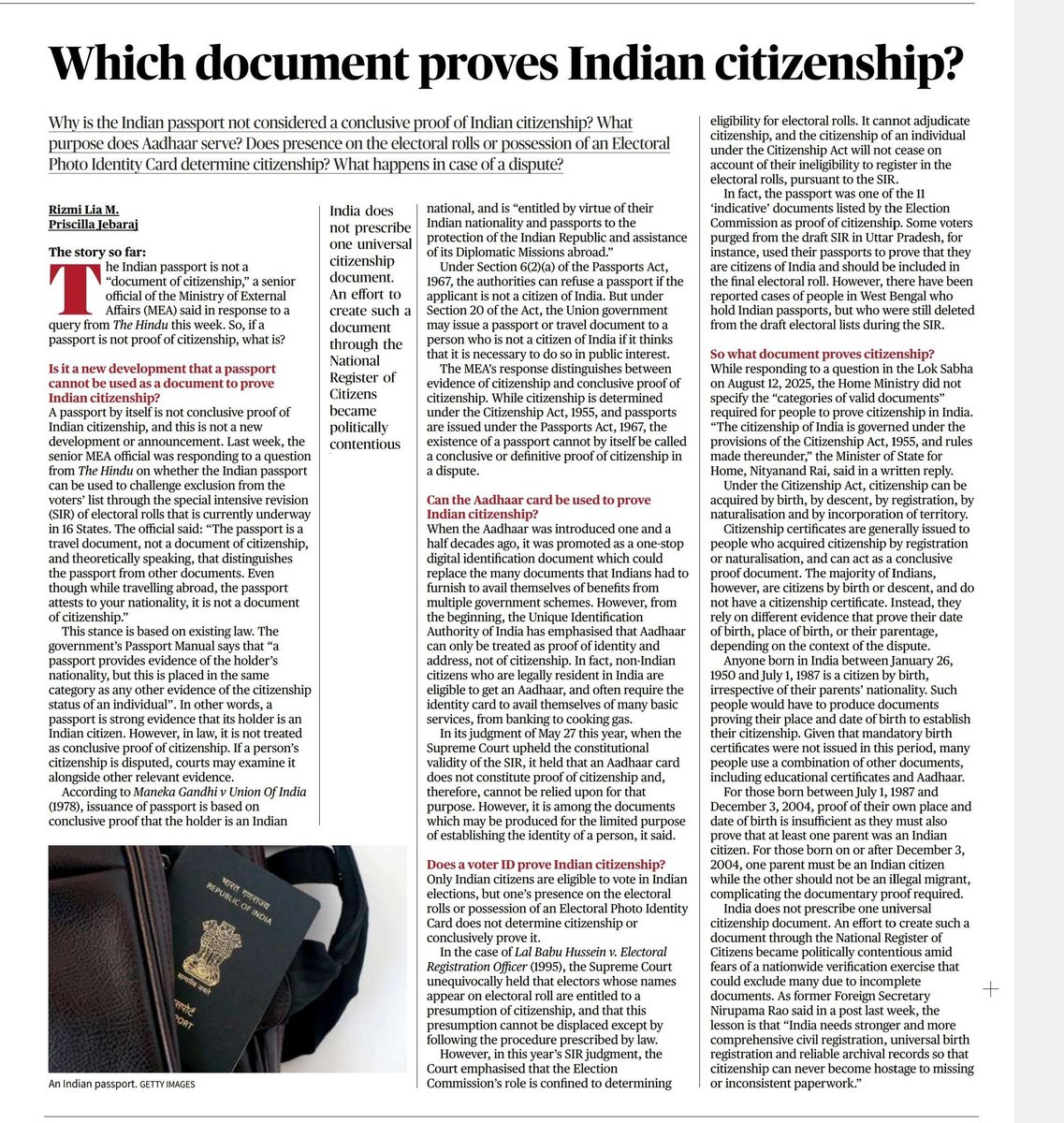 DrMehar77's tweet photo. Citizenship Without Certainty: A Constitutional Conundrum in the World's Largest Democracy

The recent debate surrounding the evidentiary value of an Indian passport has exposed a constitutional paradox that ought to concern every citizen of the Republic. If a passport, Aadhaar card, Electoral Photo Identity Card, driving licence, or PAN card cannot individually establish Indian citizenship conclusively, one is compelled to ask a profoundly unsettling question: What, then, constitutes the definitive proof of belonging to the Indian nation?
The Constitution of India, through Articles 5 to 11, entrusts Parliament with the legislative authority to regulate citizenship, culminating in the enactment of the Citizenship Act, 1955. Yet, despite this elaborate statutory framework, India remarkably lacks a universally recognised documentary instrument capable of conclusively establishing citizenship in every legal circumstance. Such ambiguity transforms what should be a constitutional certainty into an administrative enigma.
The explanation recently highlighted in the public domain—that a passport is merely a travel document issued under the Passports Act, 1967, Aadhaar is only proof of identity under the Aadhaar Act, 2016, and electoral rolls merely indicate voting eligibility—reveals an uncomfortable reality. Each document performs an independent statutory function, yet none is endowed with absolute evidentiary supremacy regarding citizenship. Consequently, the ordinary citizen is left between the devil and the deep blue sea, compelled to rely upon a constellation of documents instead of a single authoritative credential.
This uncertainty assumes greater constitutional significance because citizenship is the fountainhead of democratic participation and fundamental rights. It is citizenship that unlocks the guarantees embodied in Articles 14, 15, 16, 19, 21, and 32 of the Constitution. Equally important is distinguishing Indian citizens from Overseas Citizens of India (OCI). Despite its nomenclature, OCI status does not confer dual citizenship or political rights; it merely grants specified immigration and economic privileges under the Citizenship Act. OCI cardholders remain ineligible to vote, contest elections, or occupy constitutional offices, reaffirming that citizenship and overseas affiliation are legally distinct concepts.
The predicament, therefore, is not merely procedural; it is constitutional. A Republic governed by the Rule of Law, an integral facet of the Constitution's Basic Structure, cannot afford to leave its citizens wandering through a legal labyrinth in search of documentary certainty. Administrative opacity should never become the handmaiden of constitutional insecurity.
The Union Government must now rise above interpretative ambiguity. Parliament should consider establishing a coherent statutory framework identifying the evidentiary hierarchy of citizenship documents, while the Executive ought to issue an authoritative clarification through the Press Information Bureau. Such an initiative would neither alter the Citizenship Act nor diminish judicial authority; rather, it would reinforce the principles of legal certainty, transparency, and constitutional accountability.
In a mature constitutional democracy, citizenship must never become a riddle wrapped in bureaucratic obscurity. The State owes its citizens not only rights but also clarity. Constitutional identity cannot remain hostage to documentary ambiguity, for certainty in citizenship is the very cornerstone upon which democratic legitimacy ultimately rests.
@sansad_tv
