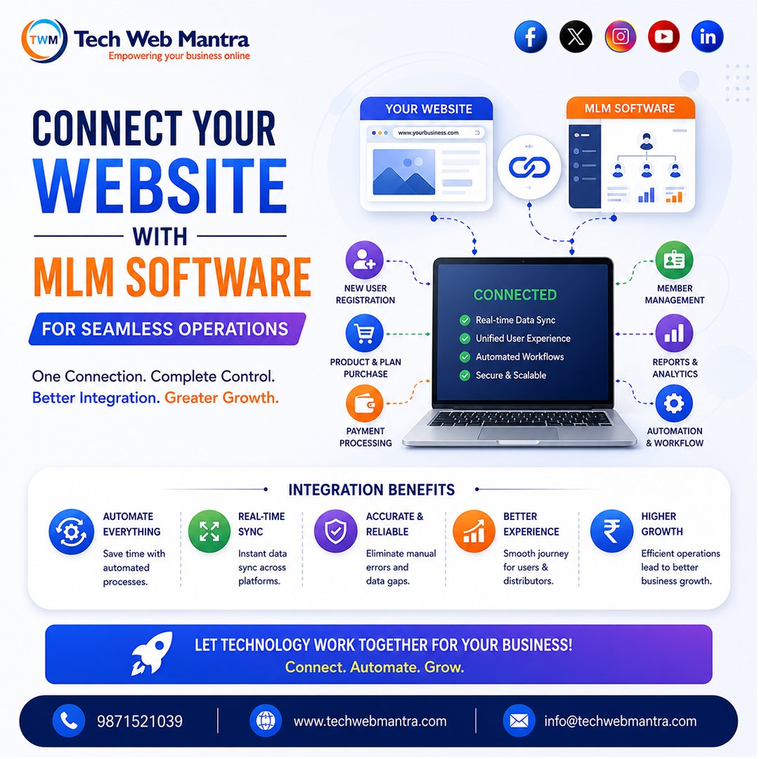 techwebmantra2's tweet photo. Connect Your Website with MLM Software | Automate Your Business & Boost Growth
Running your website and MLM software separately can lead to duplicate work, manual errors, and a poor user experience. By integrating your website with your MLM software, you create a seamless ecosystem where registrations, payments, member management, reports, and business operations work together automatically.

With Tech Web Mantra, you can connect your website directly to your MLM platform for real-time synchronization, automated workflows, secure data management, and a smoother experience for both administrators and distributors. Save time, improve accuracy, and focus on growing your business while your technology handles the operations.

The right integration doesn't just connect systems—it transforms the way your business works.

👉 Ready to integrate your website with powerful MLM software?

📞 Call: +91 9871521039
🌐 Visit: https://t.co/Njfbhm2yFf
📧 Email: info@techwebmantra.com

Let's build a fully connected MLM ecosystem that automates your business and drives long-term growth.
#MLMSoftware #WebsiteIntegration #MLMIntegration #BusinessAutomation #DirectSelling #NetworkMarketing #MLMTechnology #CustomSoftware #WebDevelopment #BusinessGrowth #DigitalTransformation #AutomationSolutions #MLMManagement #SoftwareDevelopment #BusinessTechnology #RealTimeSync #MemberManagement #TechWebMantra #DigitalBusiness #CustomMLMSoftware